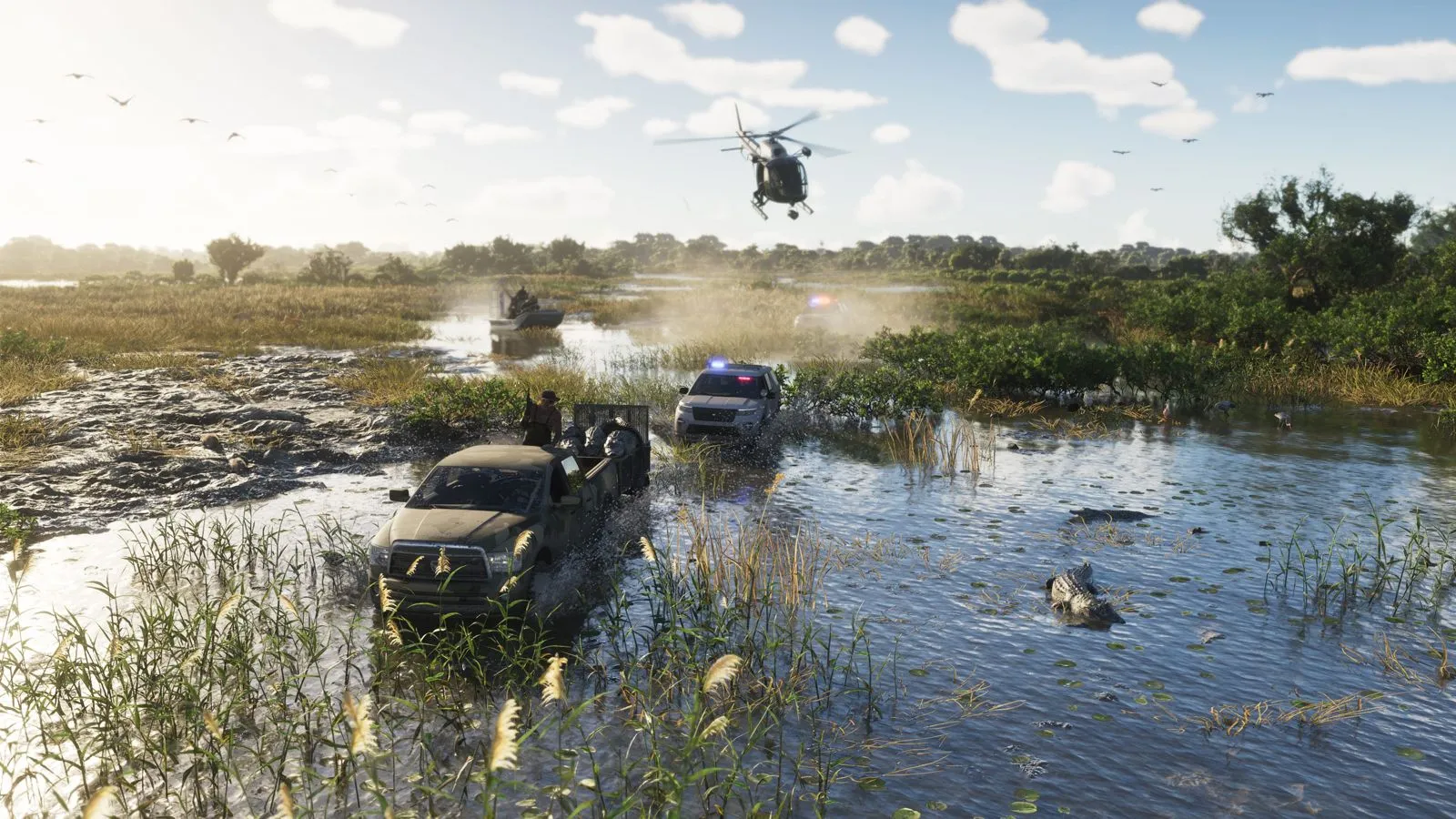Pantanos de Grassrivers con vehículos, un helicóptero y un caimán en el agua