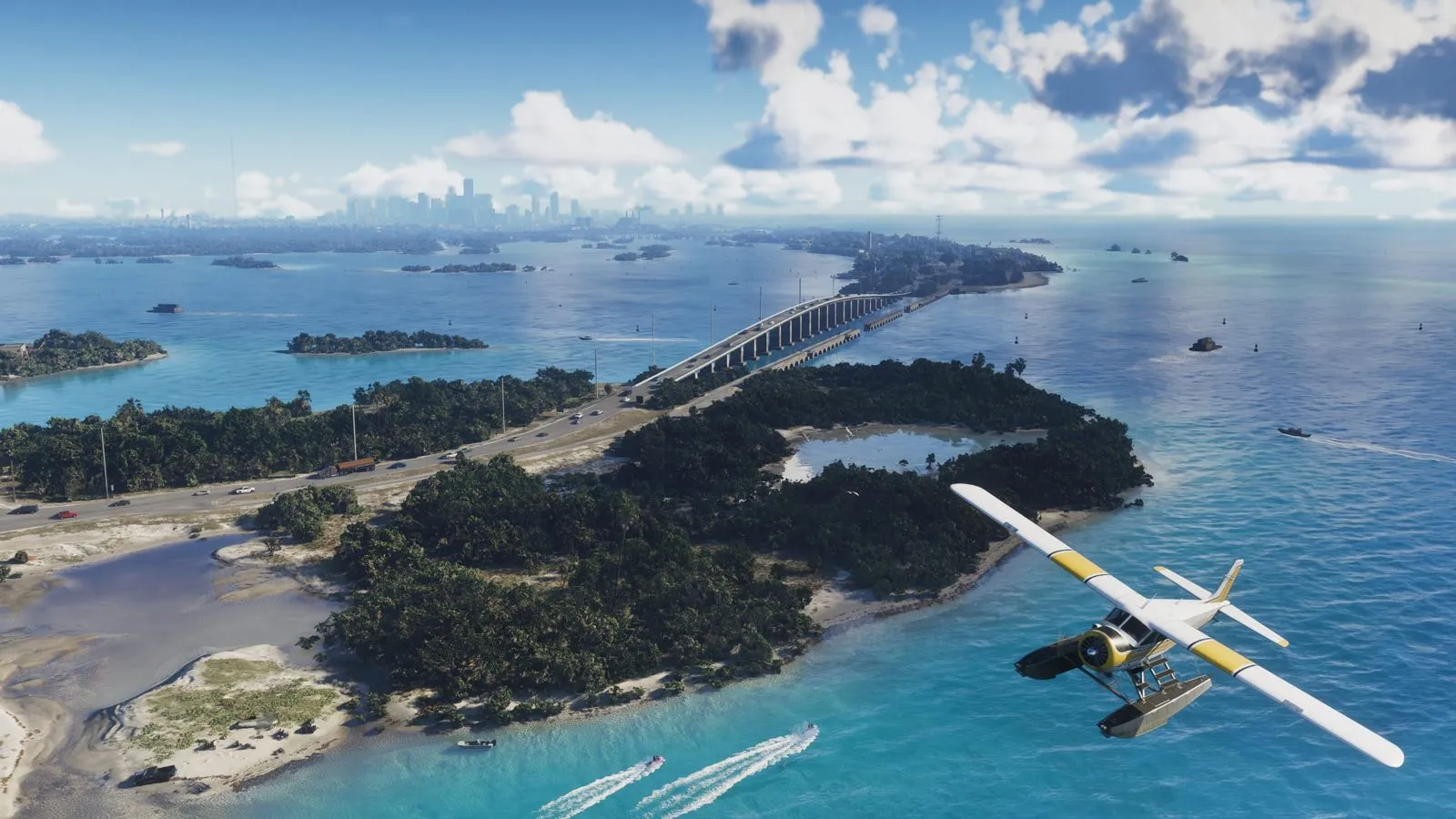 Islas de Leonida Keys con aguas turquesa y un hidroavión despegando