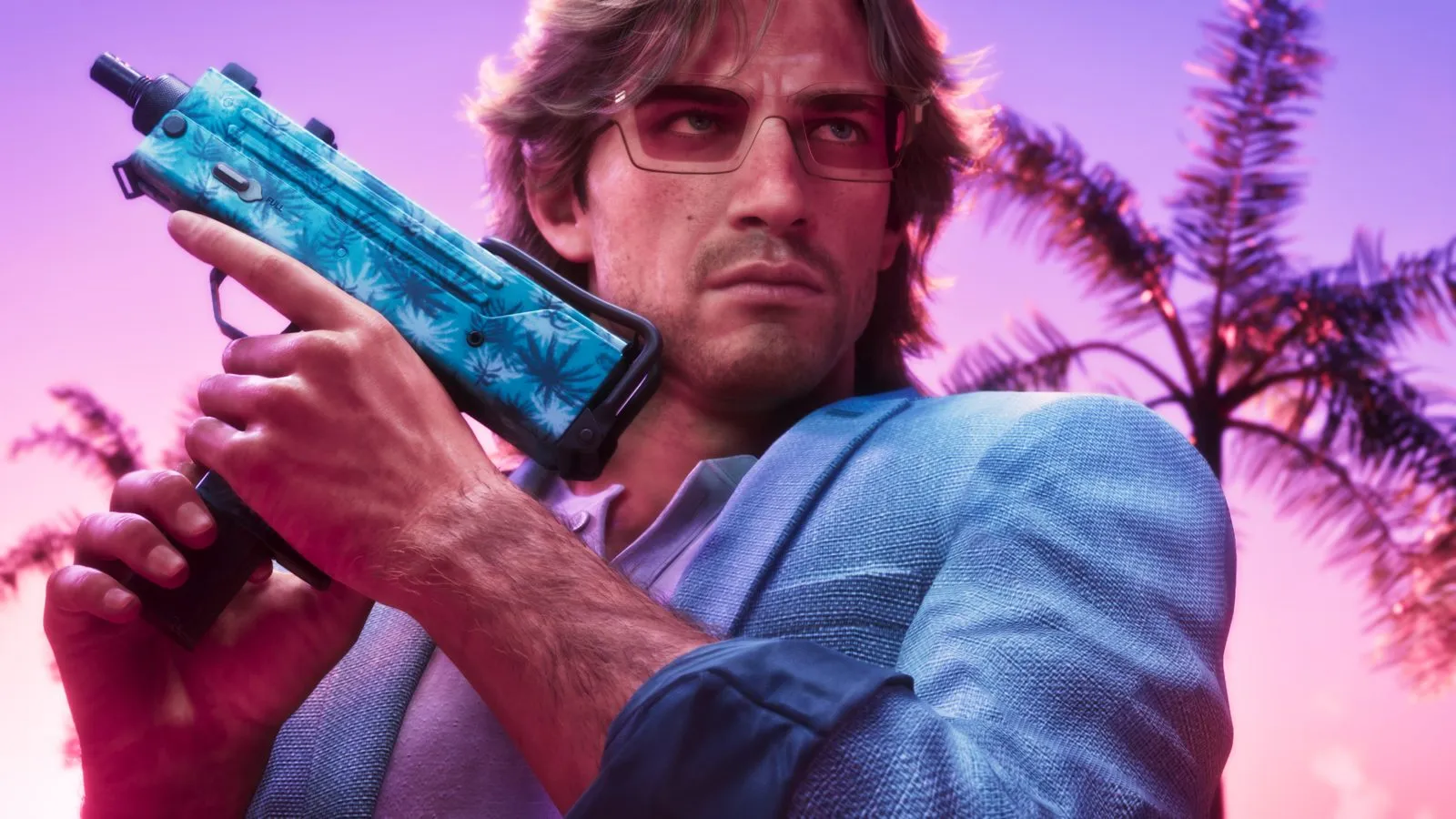 Jason sostiene una subametralladora con estampado tropical azul de palmeras