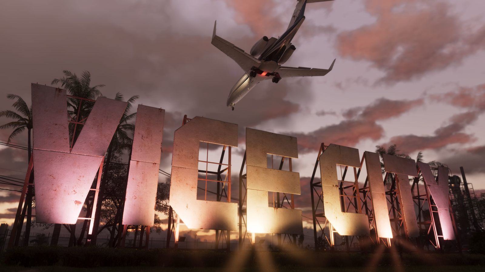 El letrero gigante de Vice City al atardecer con una avioneta pasando por encima