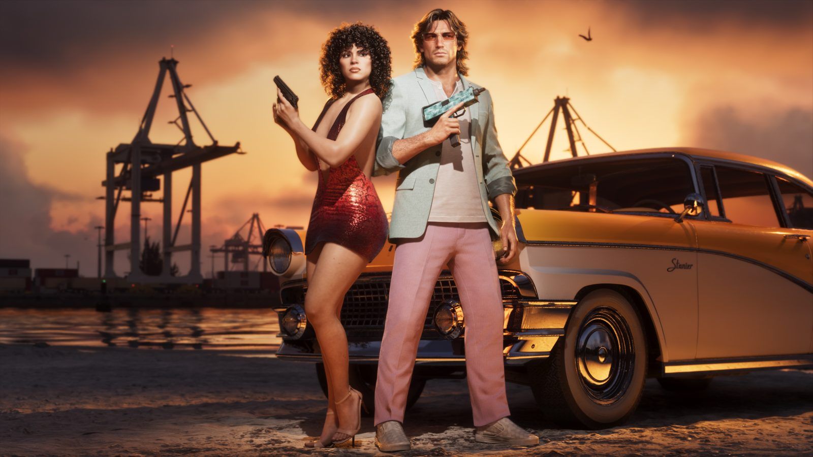 Jason y Lucía con ropa retro posando junto a un Vapid Stanier amarillo en un puerto al atardecer