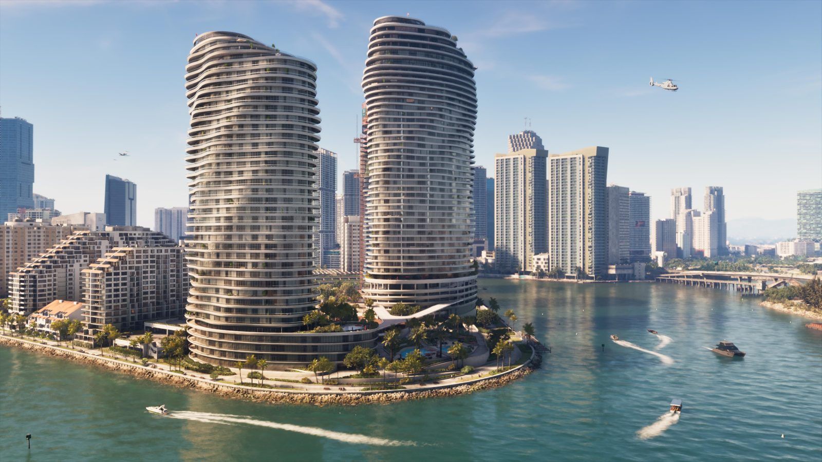 Vista aérea de los rascacielos de Vice City junto al mar en GTA 6